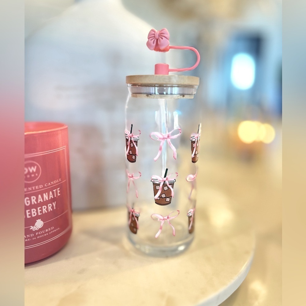 Libbey 20oz pink bow ribbon glass Tumbler &  lid ,straw, straw cover iced coffee